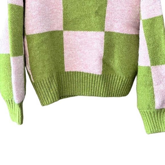 New Native Youth Checkerboard Oversized Green Pink Knit Turtleneck Sweater XS - Picture 8 of 13